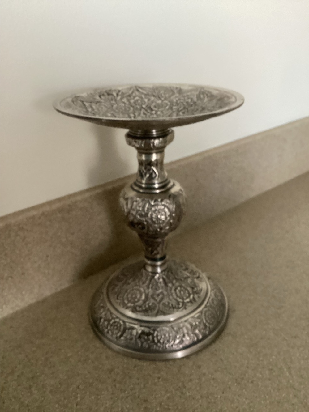 Ornate Silver Pedestal Candle Holder - Silver